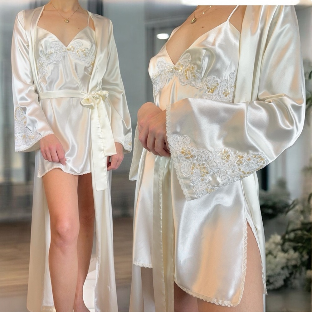 Vintage VS Bridal 2 Piece Satin Lingerie Set Slip Dress Robe Sequins Lace Small